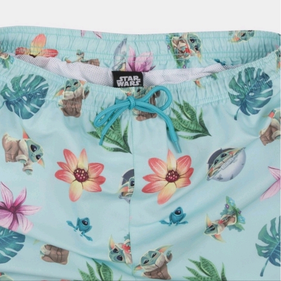 Star Wars: The Mandalorian Men's 7"  Elastic Waist Baby Yoda Swim Shorts ~ Turqu - Picture 3 of 15
